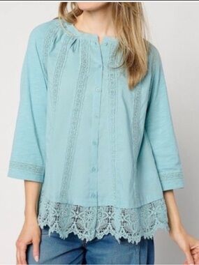 Lavish Light Blue Button-Front Lace Trim Blouse